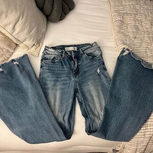 Wide Leg Women's Jeans - Distressed Light Blue Flare